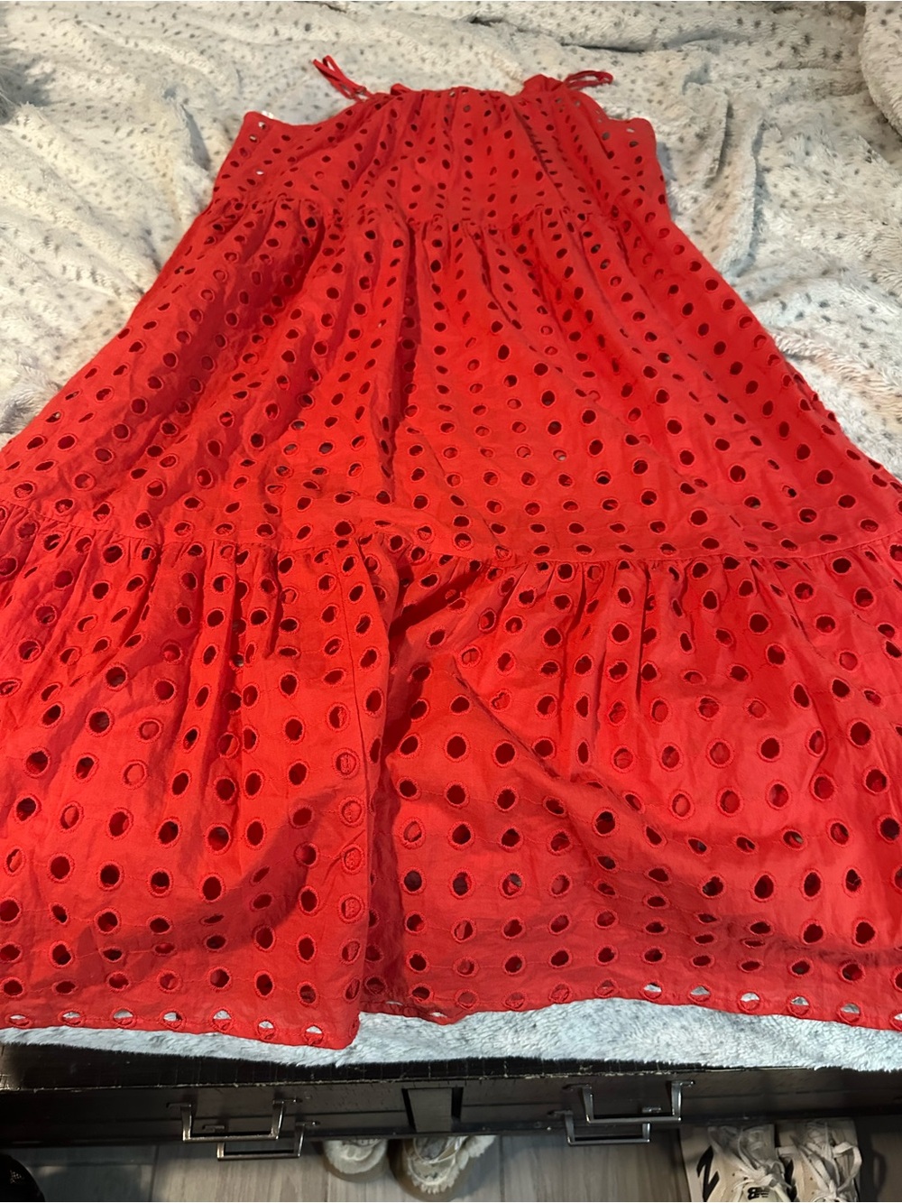 Bright Red Eyelet Maxi Dress with Tiered Skirt